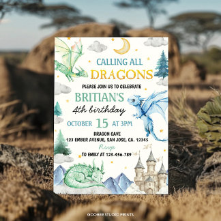 Calling All Dragon Cute Boy Birthday Watercolor Einladung