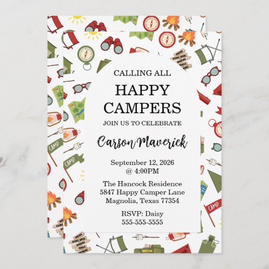 Calling All Happy Campers Kids Birthday Einladung (Vorne/Hinten)