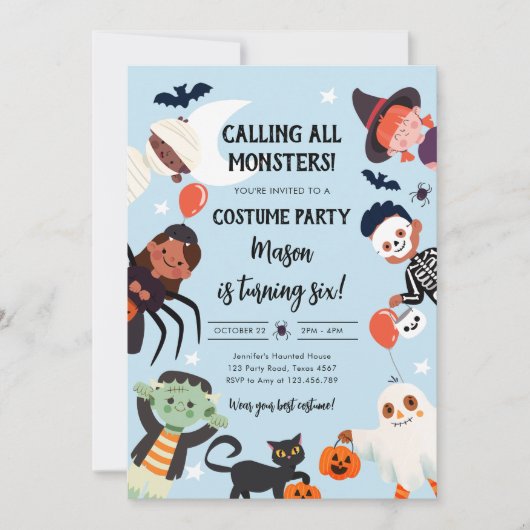 Calling All Monsters Halloween Costume Birthday Einladung (Vorderseite)