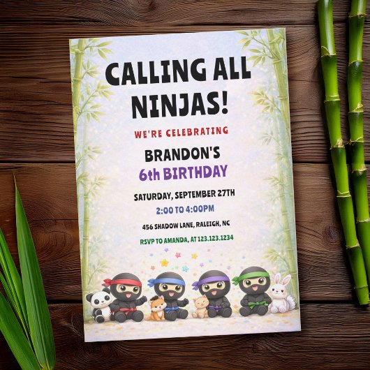 Calling All Ninjas Colorful Stars Kids Birthday Einladung