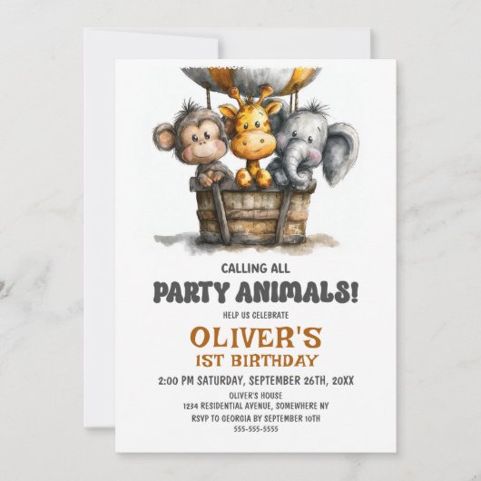 Calling all Party Animals 1st Birthday Party Einladung (Vorderseite)