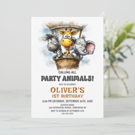 Calling all Party Animals 1st Birthday Party Einladung (Stehend Vorderseite)