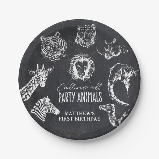 Calling All Party Animals Chalkboard Birthday Pappteller (Vorderseite)