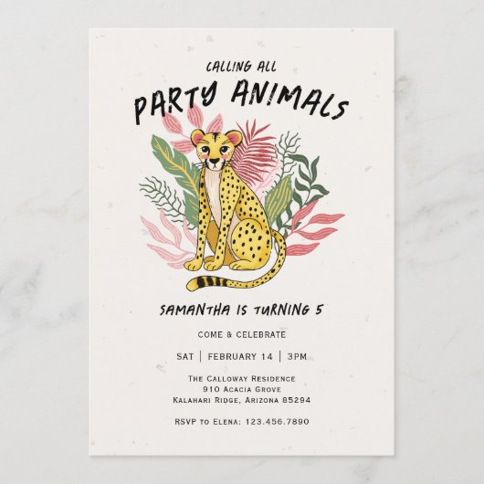 Calling All Party Animals Kids Cheetah Birthday Einladung (Vorderseite)