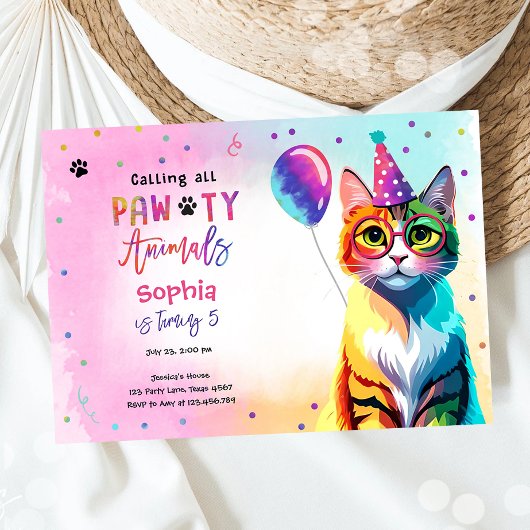 Calling All Pawty Animals Cat Kitten Girl Birthday Einladung