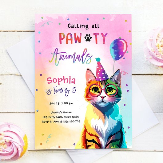 Calling All Pawty Animals Cat Kitten Girl Birthday Einladung