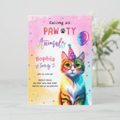 Calling All Pawty Animals Cat Kitten Girl Birthday Einladung (Stehend Vorderseite)
