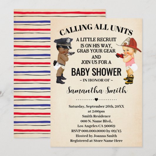 Calling All Units Police Firefighter Baby Shower Einladung (Vorne/Hinten)