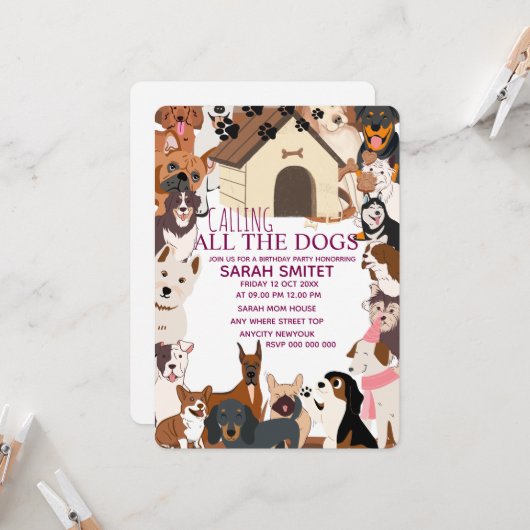 CallingAll Hunde Birthday Pawty lassen Sie uns tun Einladung (Vorderseite/Rückseite Beispiel)