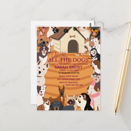 CallingAll Hunde Birthday Pawty lassen Sie uns tun Postkarte (Vorderseite/Rückseite Beispiel)