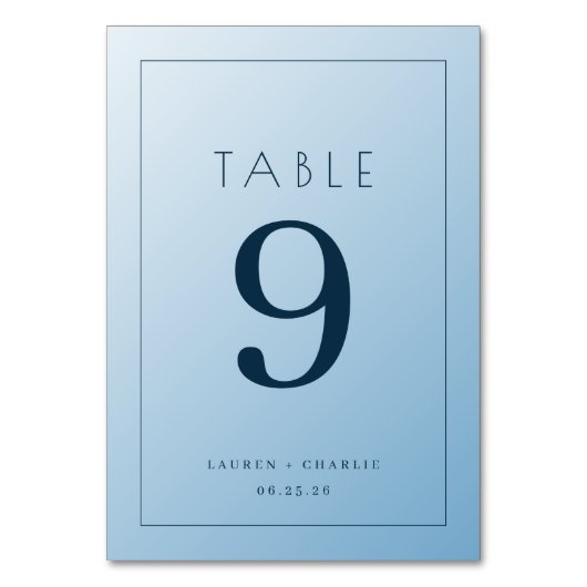 Calm Blue Minimalist Wedding Table Card Tischnummer (Vorderseite)