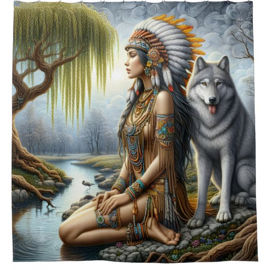 Calm Indianerin mit Wolf am Fluss Duschvorhang (Vorderseite)