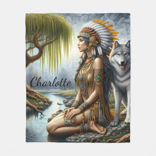 Calm Indianerin mit Wolf am Fluss Fleecedecke (Vorderseite)