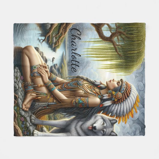 Calm Indianerin mit Wolf am Fluss Fleecedecke (Vorderseite (Horizontal))