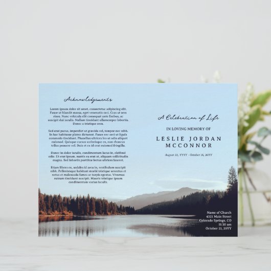 Calm Lake Celebration of Life Funeral Program (Stehend Vorderseite)