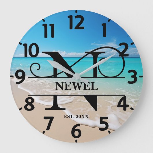 Calm Ocean Beach N Monogram Große Wanduhr (Vorderseite)