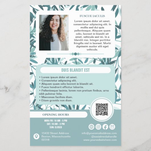 Calm Teal Leaves Wellness Promo Small Business Flyer (Hinten)