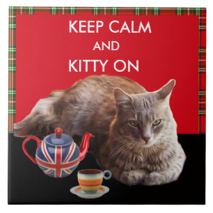 CALM UND KITTY behalten AUF "RED TARTAN CAT TEA"-P Fliese