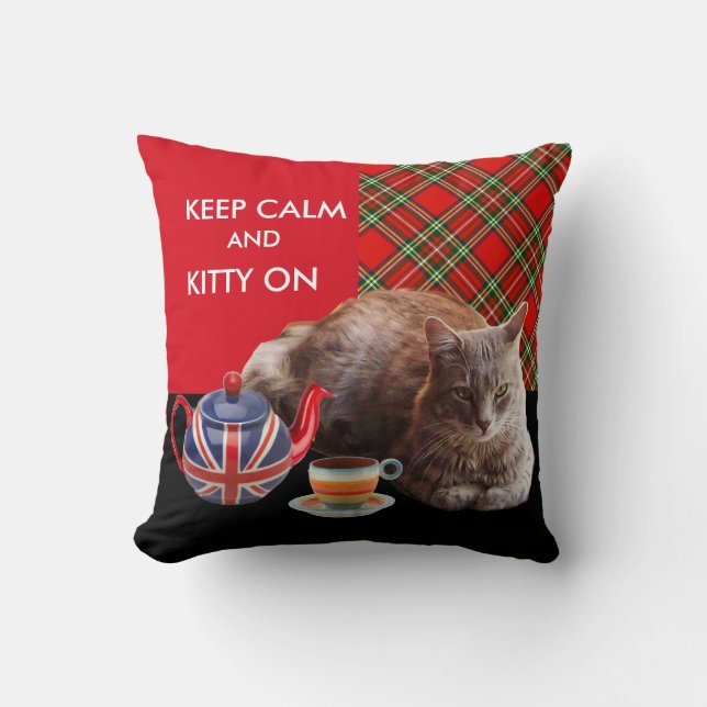 "CALM UND KITTY ON BEHALTEN" ,RED TARTAN,CAT TEE-P KISSEN (Vorderseite)