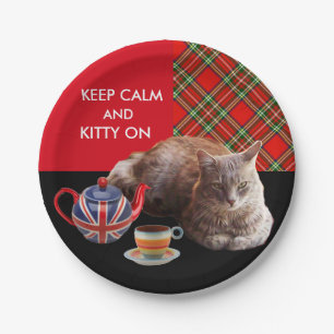 "CALM UND KITTY ON BEHALTEN" ,RED TARTAN,CAT TEE-P PAPPTELLER