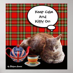 "CALM UND KITTY ON BEHALTEN" ,RED TARTAN,CAT TEE-P POSTER