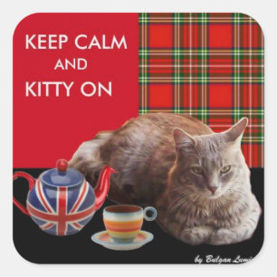 "CALM UND KITTY ON BEHALTEN" ,RED TARTAN,CAT TEE-P QUADRATISCHER AUFKLEBER