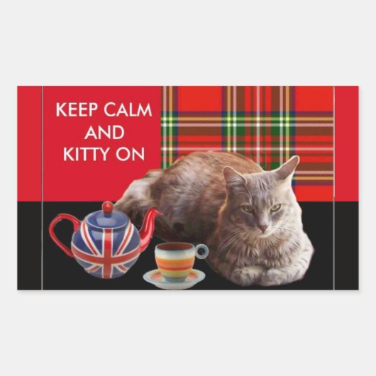 "CALM UND KITTY ON BEHALTEN" ,RED TARTAN,CAT TEE-P RECHTECKIGER AUFKLEBER (Vorderseite)