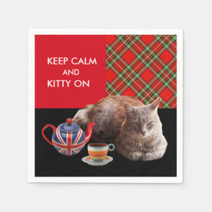 "CALM UND KITTY ON BEHALTEN" ,RED TARTAN,CAT TEE-P SERVIETTE