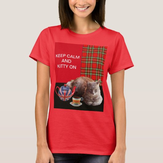 "CALM UND KITTY ON BEHALTEN" ,RED TARTAN,CAT TEE-P T-Shirt (Vorderseite)