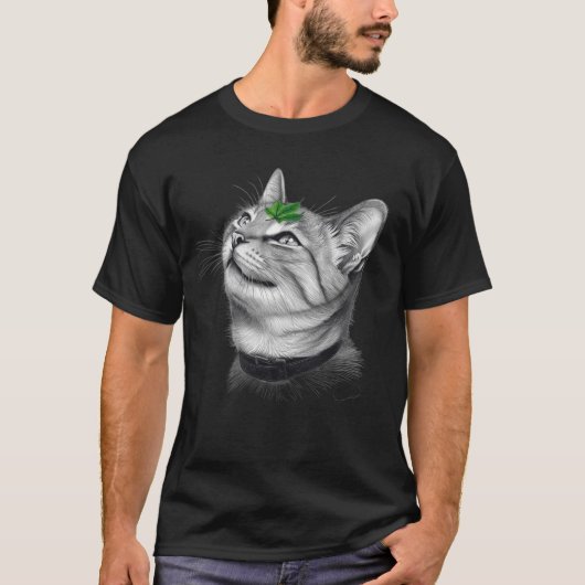 Calm White Minimal Cat Leaf Aesthetic Drawing pfp T-Shirt (Vorderseite)
