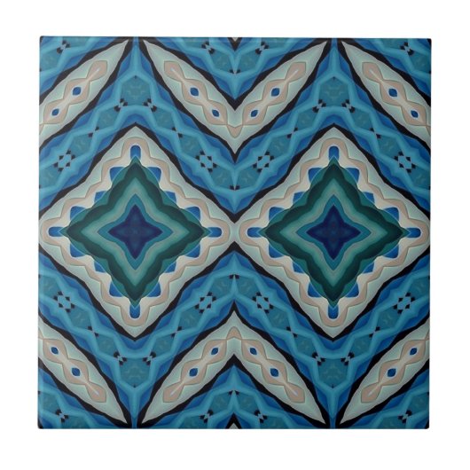 Calming Blau und Beige Mosaic Geometric Muster Fliese (Vorderseite)