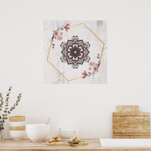 Calming Harmony, Rangoli Floral Art, Rosa und Grau Poster
