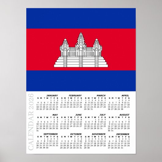 Cambodia 2026 Calendar, Large, Cambodian Flag Poster (Vorne)