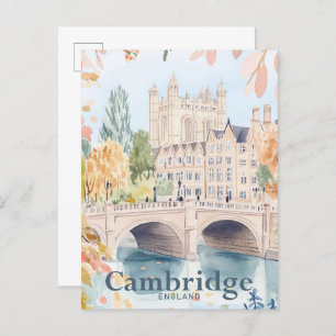 Cambridge England Aquarell Travel Illustration Postkarte