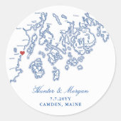 Camden Maine Map Elegant Navy Blue Wedding Runder Aufkleber (Vorderseite)