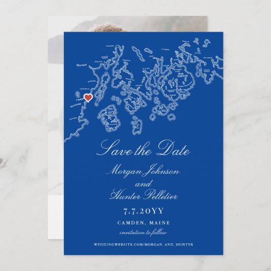 Camden Maine Map Elegant Navy Wedding Save The Date (Vorne/Hinten)