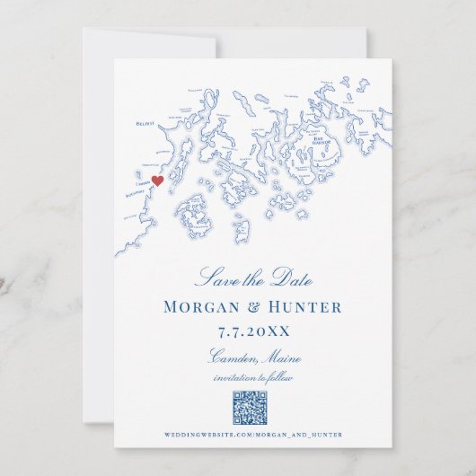 Camden Maine Map Eleganter QR-Code Save The Date (Vorderseite)