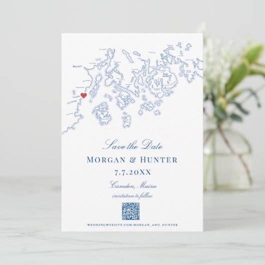 Camden Maine Map Eleganter QR-Code Save The Date (Stehend Vorderseite)