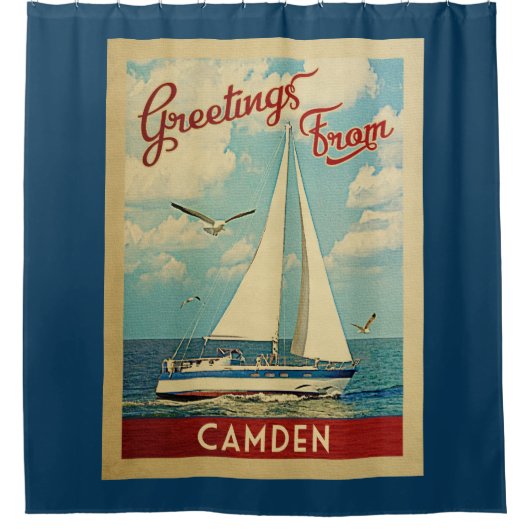 Camden Sailboat Vintage Travel Maine Duschvorhang (Vorderseite)