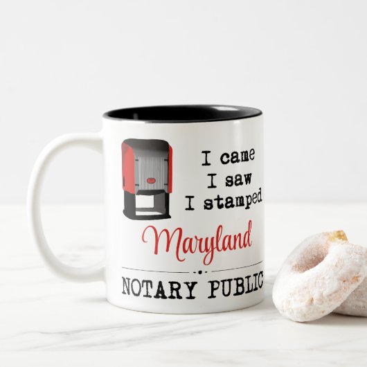 Came Saw Stamps Notary Public Maryland Zweifarbige Tasse (Mit Donut)