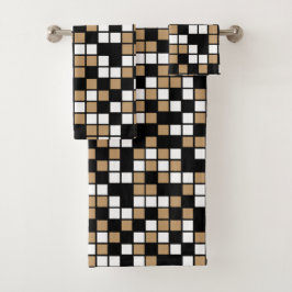 Camel Brown, Black, White Random Mosaic Squares Badhandtuch Set