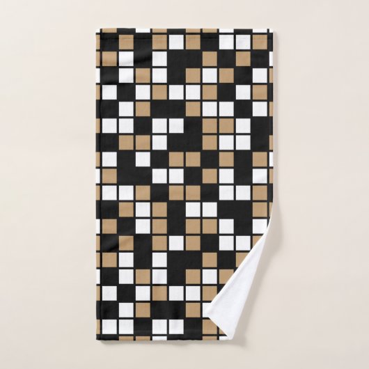 Camel Brown, Black, White Random Mosaic Squares Badhandtuch Set (Handtuch)