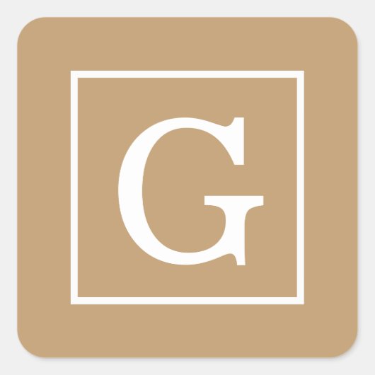 Camel Brown White Gerahmt Initial Monogram Quadratischer Aufkleber (Vorderseite)