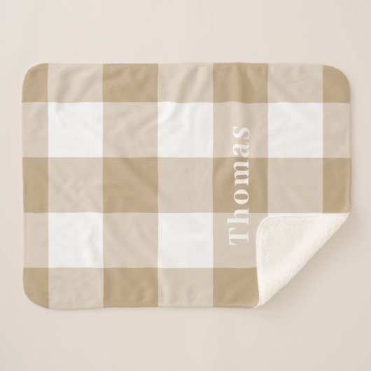Camel Gingham Pattern Monogram Name Sherpadecke (Vorderseite (Horizontal))