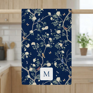 Camellia Garden Navy Blau Monogrammiert Geschirrtuch