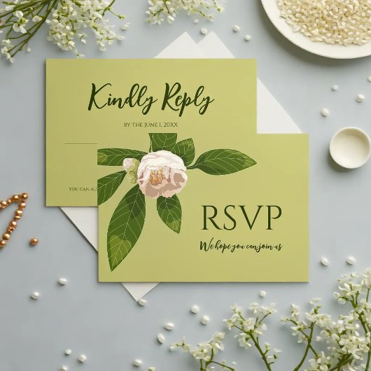 Camellia und Grüne Einfache Elegante RSVP Karte