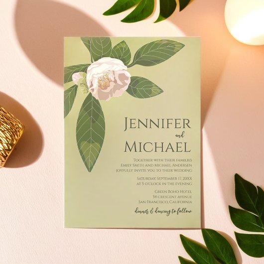 Camellia und Grüne Einfache Hochzeit Einladung