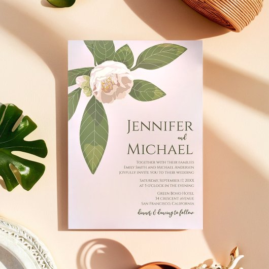Camellia und Grüne Einfache Hochzeit Einladung