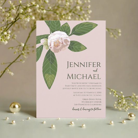 Camellia und Grüne Einfache Hochzeit Einladung