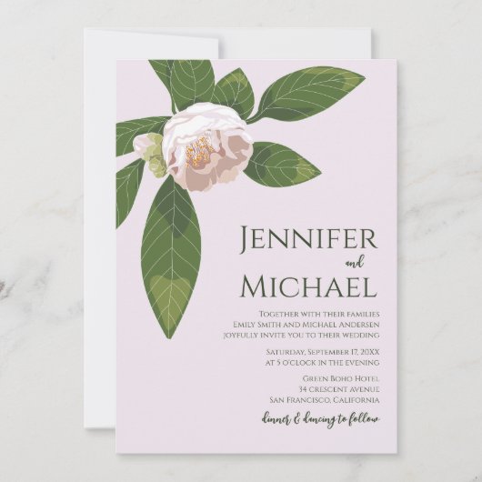 Camellia und Grüne Einfache Hochzeit Einladung (Vorderseite)